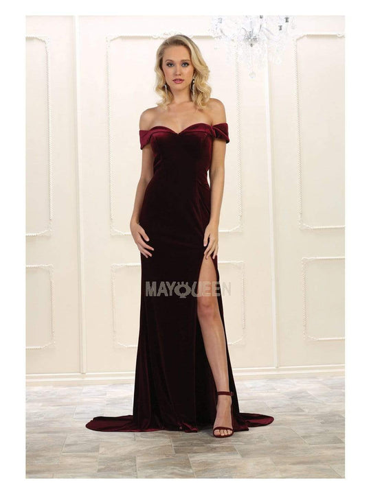 May Queen - RQ7533 Off Shoulder High Slit Velvet Dress Evening Dresses 4 / Burgundy