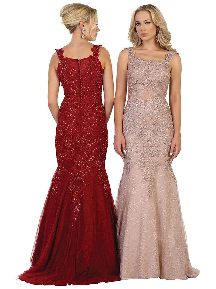 May Queen - RQ7544 Beaded Lace Square Neck Trumpet Evening Dress Special Occasion Dress 4 / Burgundy