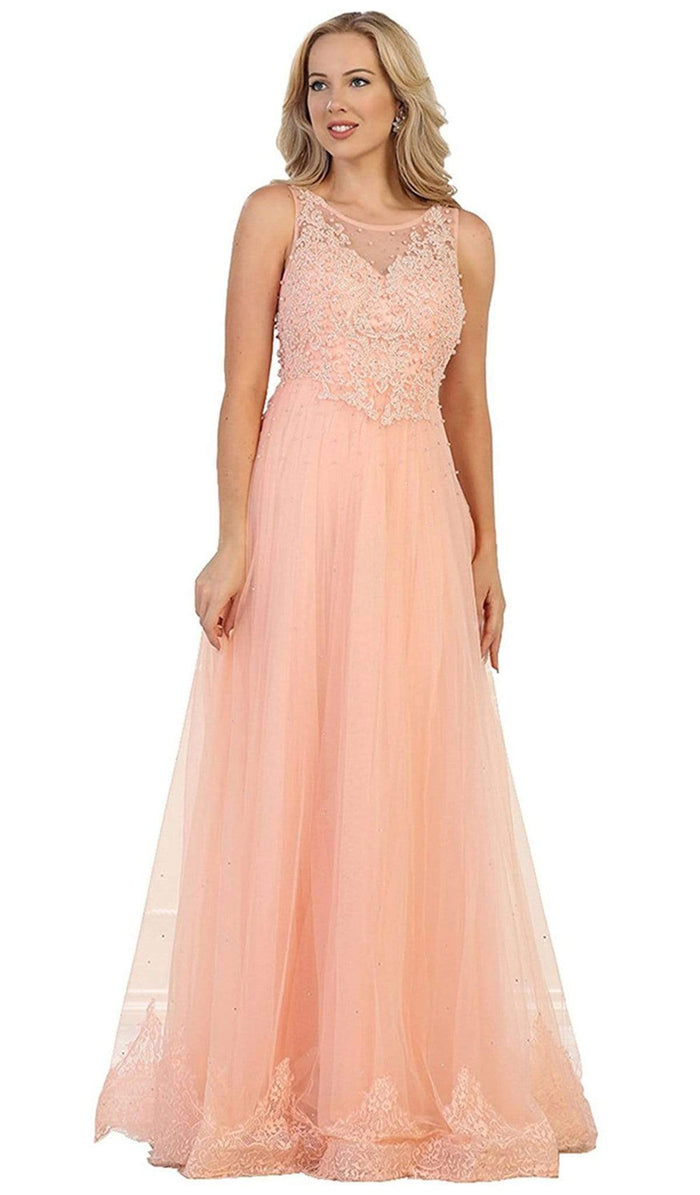 May Queen - RQ7569 Embellished Illusion Scoop Lace A-line Mother of the Bride Dress Mother of the Bride Dresses 4 / Blush