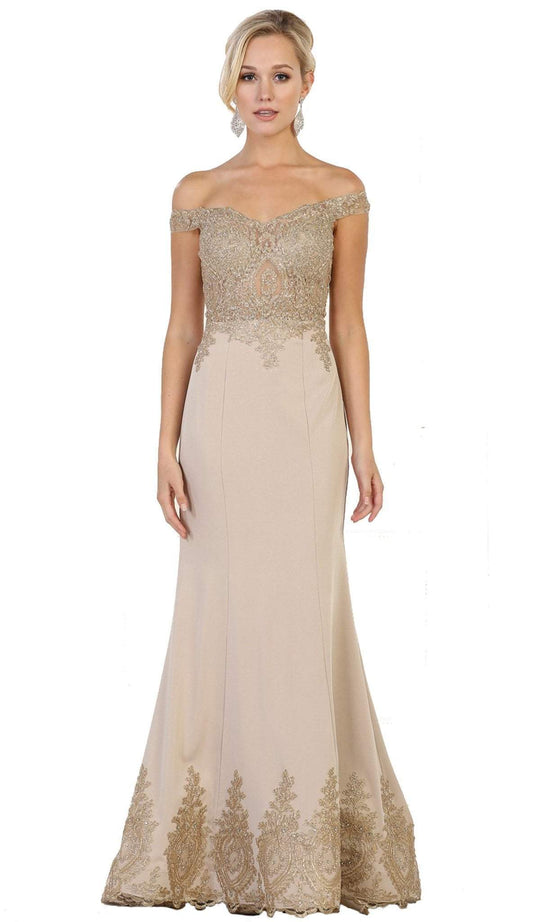 May Queen - RQ7586 Off Shoulder Appliqued Fitted Prom Dress Prom Dresses 4 / Taupe