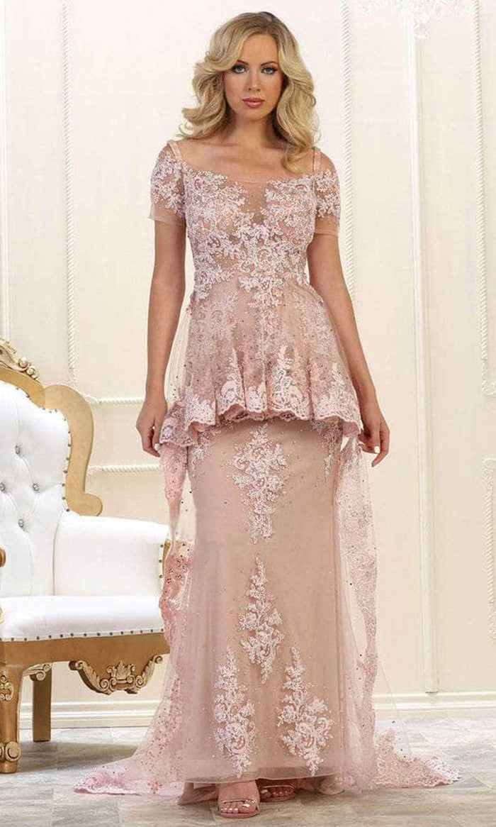May Queen RQ7620 - Embroidered Cascading Peplum Formal Gown Evening Dresses 4 / Dusty-Rose