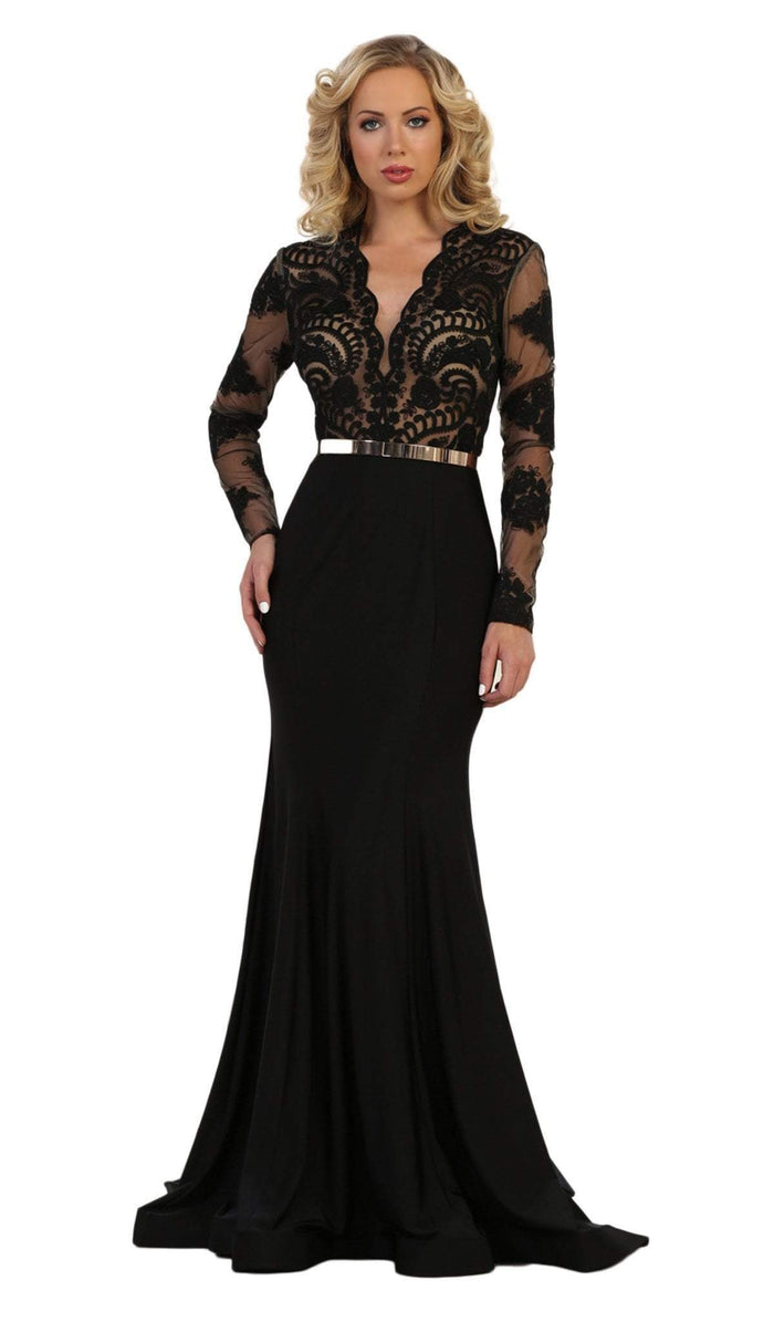 May Queen - RQ7624 Lace Deep Scalloped V-neck Trumpet Dress Evening Dresses 2 / Black
