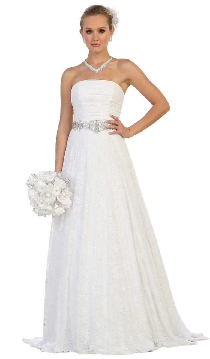 May Queen - RQ7631 Embellished Ruched Straight Neck A-line Dress Special Occasion Dress 4 / White
