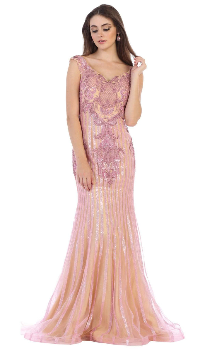 May Queen - RQ7640 Embellished Wide V-neck Trumpet Dress Special Occasion Dress 4 / Dusty-Rose