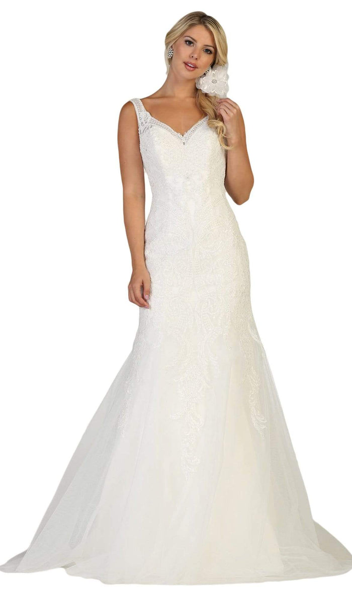 May Queen - RQ7643 Embroidered V-neck Trumpet Dress With Train Special Occasion Dress 4 / Ivory