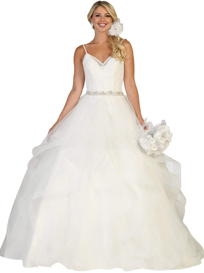 May Queen - RQ7644 Lace Embellished V-neck Ruffled A-line Gown Special Occasion Dress 4 / Ivory