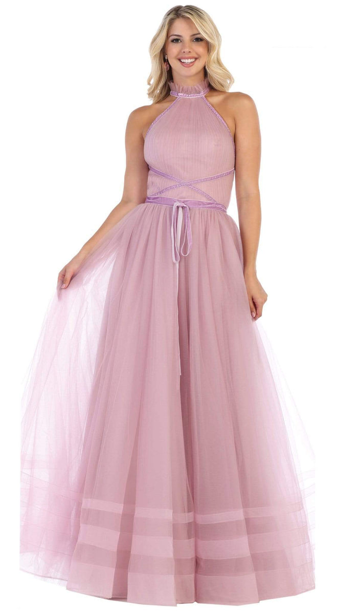 May Queen - RQ7669 High Neck Pleated A-Line Evening Gown Special Occasion Dress 4 / Mauve