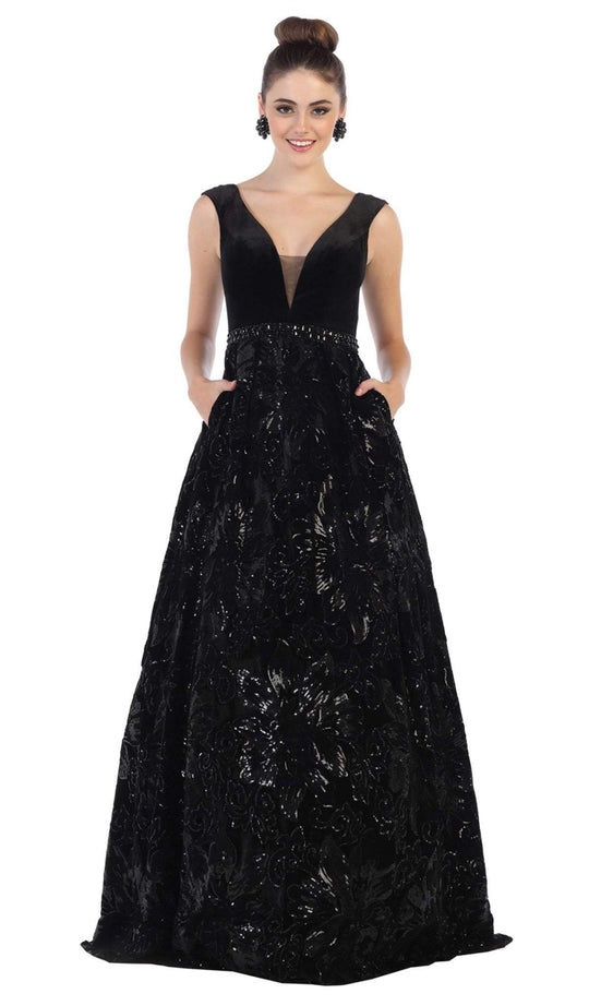 May Queen - RQ7674 Embellished Plunging V-neck Ballgown Special Occasion Dress 4 / Black