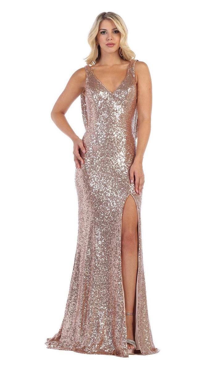 May Queen - RQ7676 Cowl Draped Strappy Sequined Gown Special Occasion Dress 2 / Blush