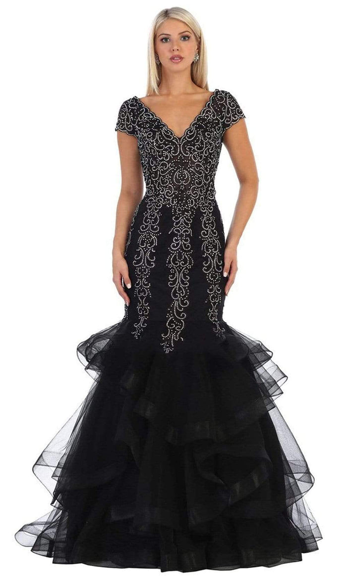 May Queen - RQ7690 Embroidered V-Neck Ruffled Mermaid Dress Special Occasion Dress 4 / Black/Blk