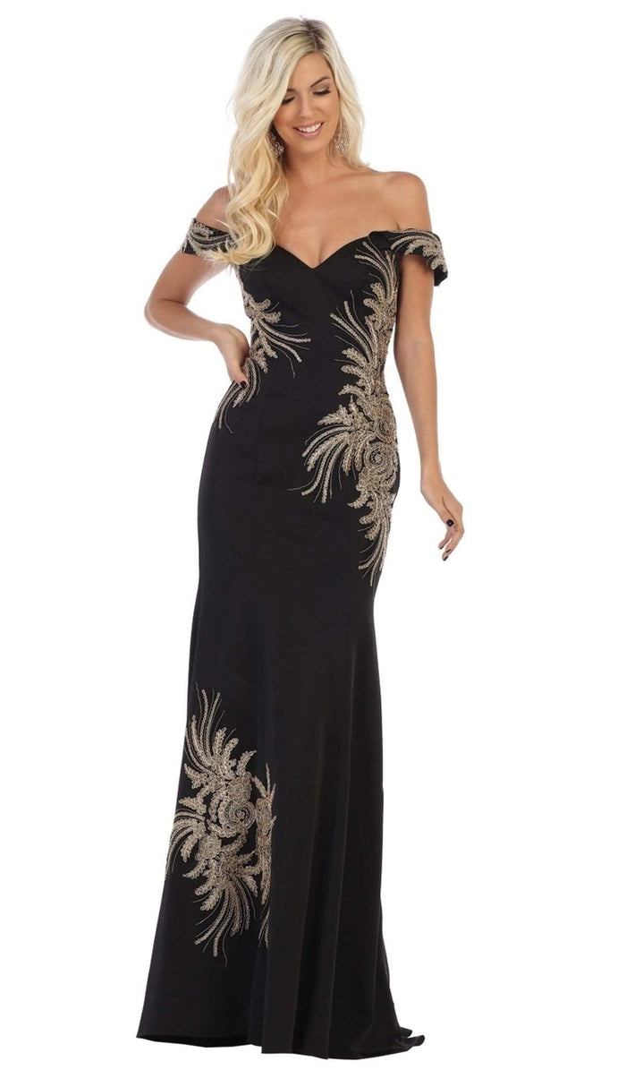 May Queen - RQ7712 Embellished Off-Shoulder Trumpet Dress Special Occasion Dress 4 / Black
