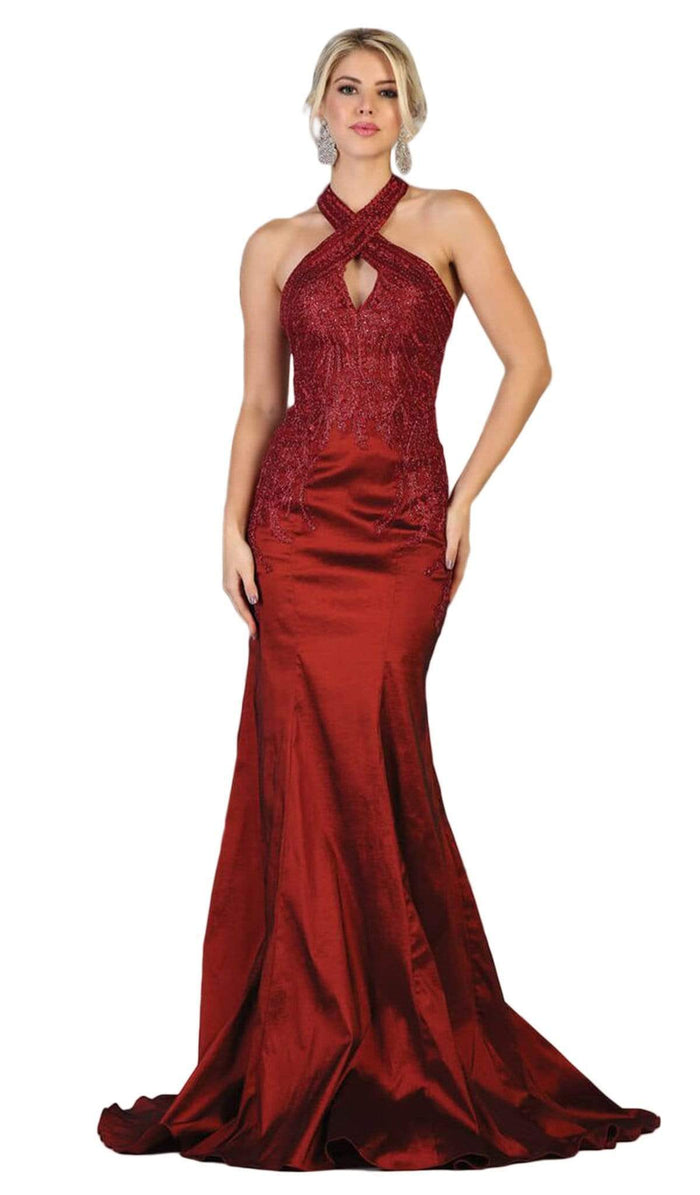 May Queen - RQ7743 Appliqued Halter Mermaid Gown Evening Dresses 4 / Burgundy