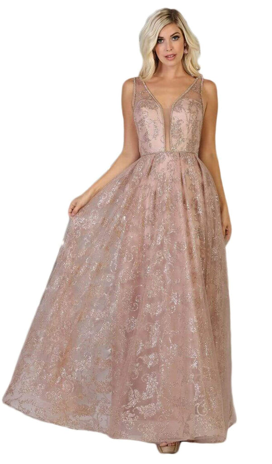 May Queen - RQ7769 Embellished Deep V-neck Pleated Ballgown Ball Gowns 2 / Copper