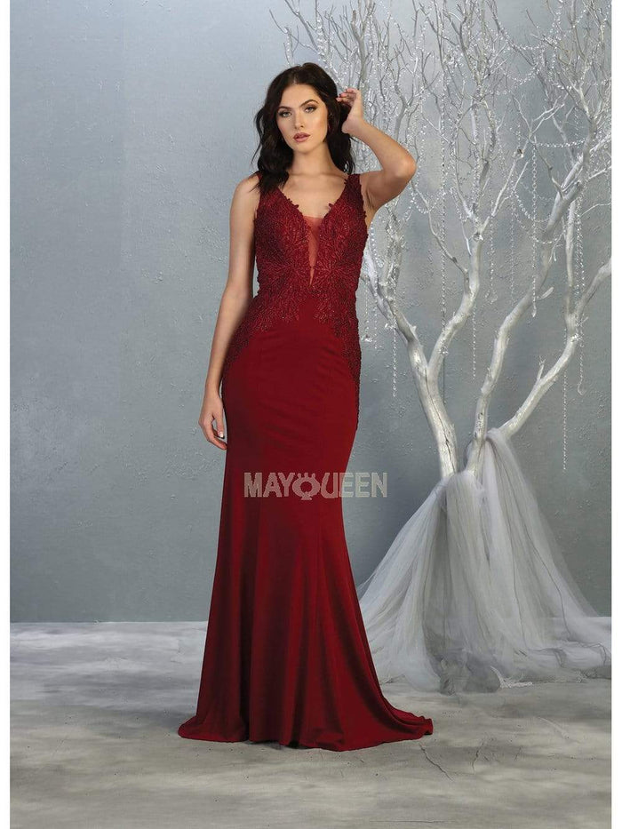 May Queen - RQ7771 Beaded Embroidered Plunging V-Neck Dress Prom Dresses 4 / Burgundy