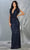 May Queen - RQ7794 Glitter Plunging V-Neck Knotted Gown Evening Dresses 6 / Navy
