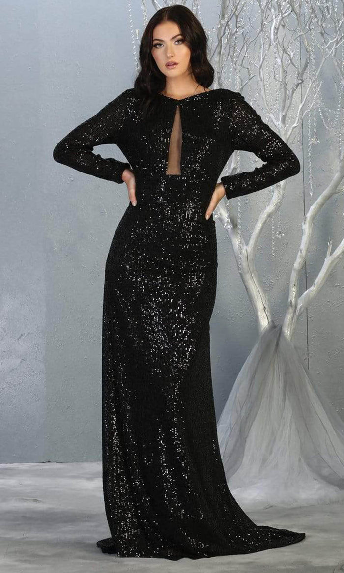 May Queen - RQ7795 Sequin Embellished Long Sleeves Dress Evening Dresses 4 / Black