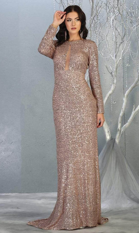 May Queen - RQ7795 Sequin Embellished Long Sleeves Simple Prom Dress