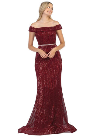 May Queen - RQ7799 Embellished Off-Shoulder Trumpet Dress