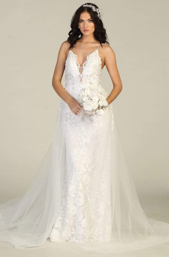 May Queen - RQ7823 Embroidered Deep V-neck Sheath Dress With Train Wedding Dresses 4 / Ivory