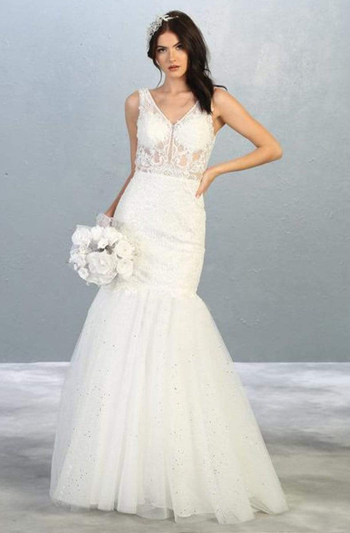 May Queen - RQ7849 Embroidered V-neck Mermaid Dress Wedding Dresses 4 / Ivory