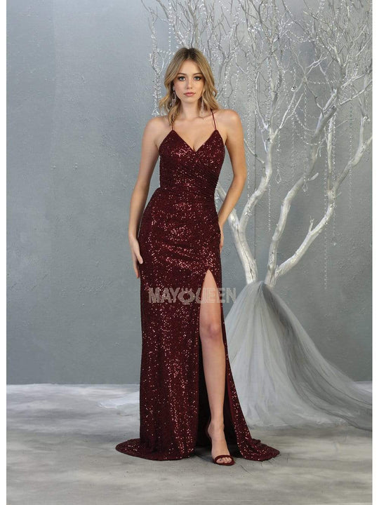 May Queen - RQ7852 Sequin Embellished Deep V-Neck Dress with Slit