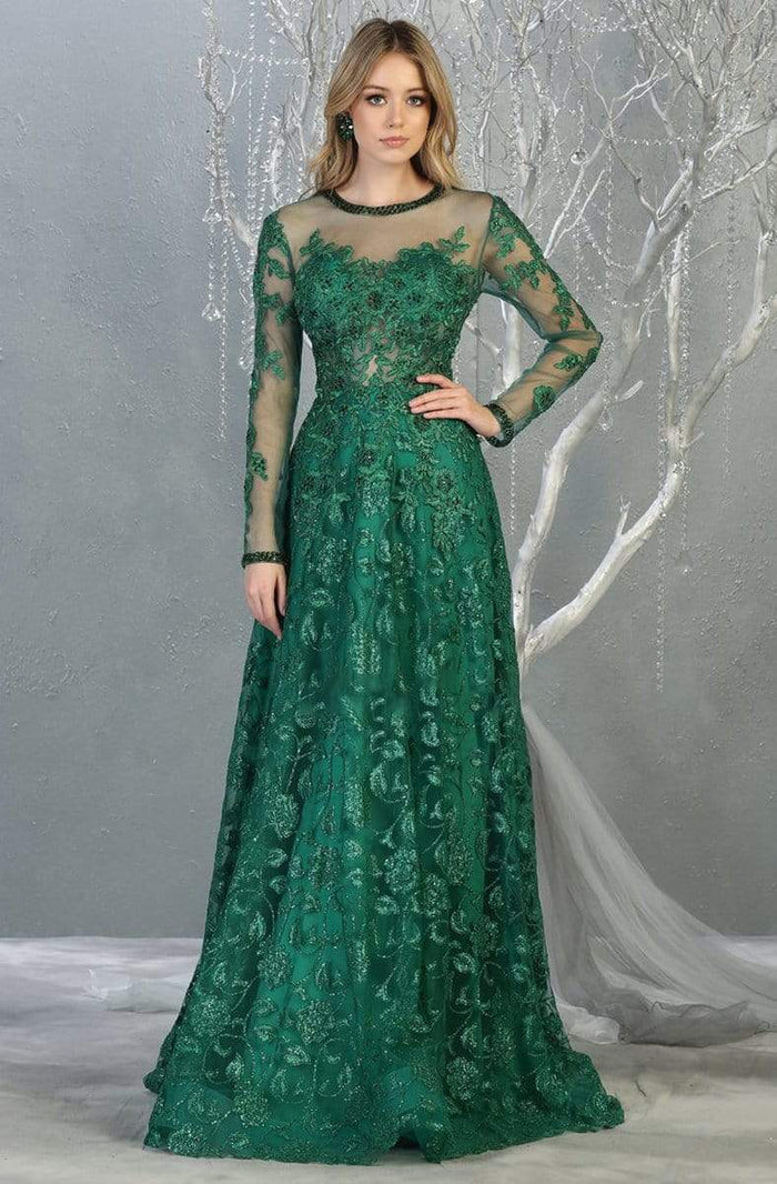 May Queen - RQ7875 Embroidered Long Sleeve A-line Dress Evening Dresses 4 / Hunter-Grn