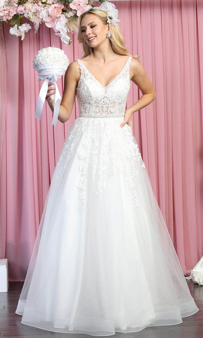 May Queen RQ7888 - Sleeveless Sheer V-neck Wedding Gown Wedding Dresses 4 / Ivory