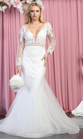 May Queen Long sleeves Deep V-neck Wedding Gown
