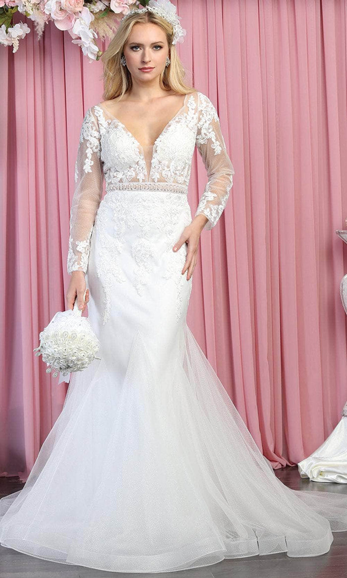 May Queen RQ7892 - Long sleeves Deep V-neck Wedding Gown Wedding Dresses 4 / Ivory