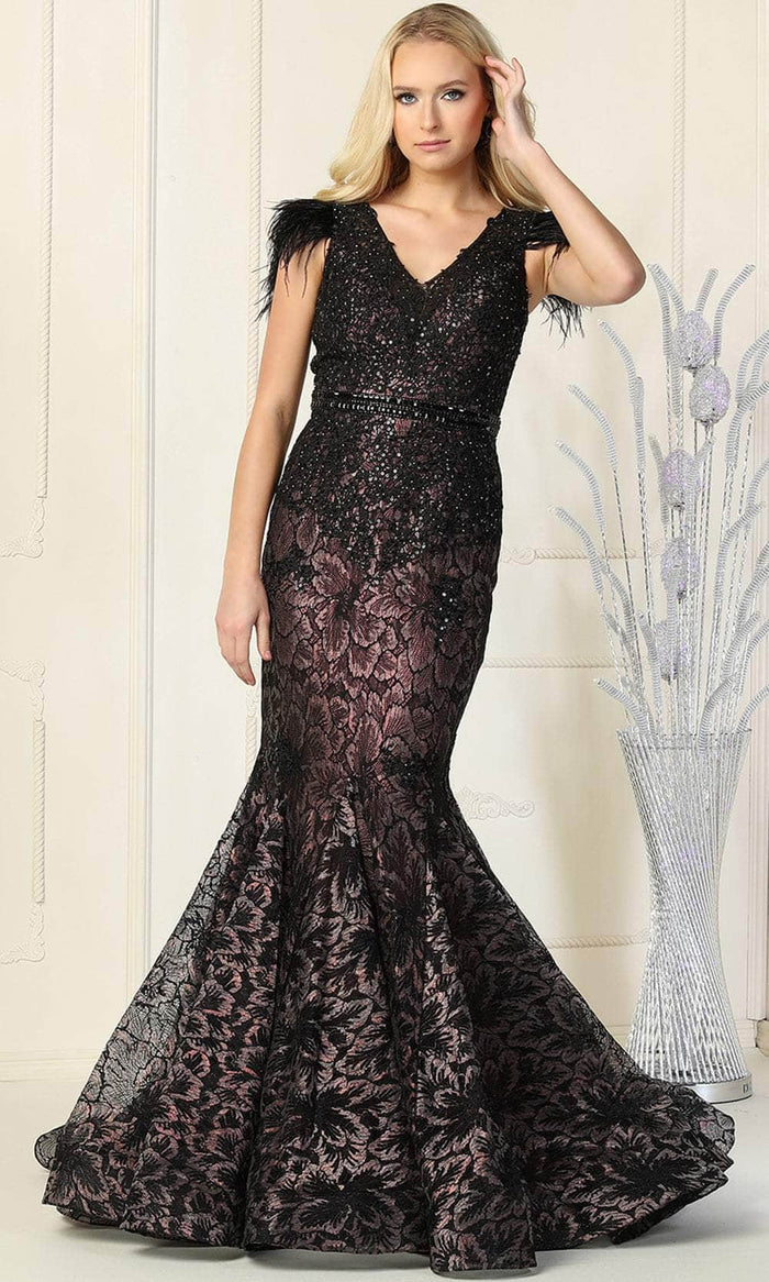 May Queen RQ7893 - Feathered Straps Laced V Neck Trumpet Dress Special Occasion Dress 4 / Black/Plum