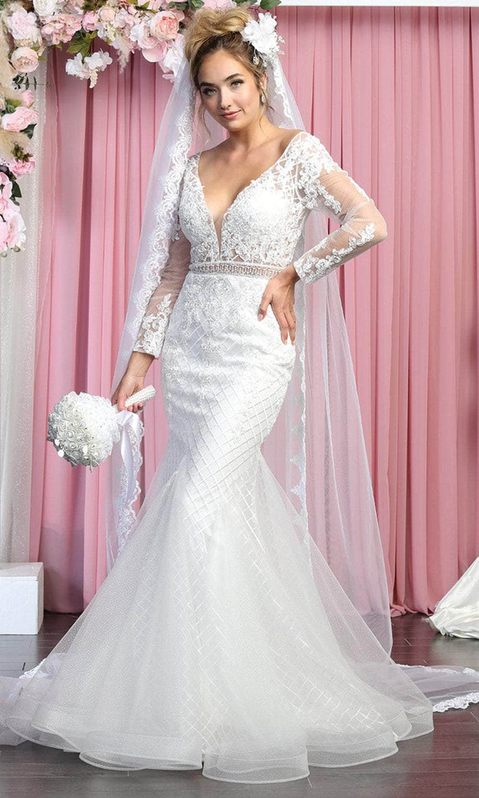May Queen RQ7896 - Long Sleeves Sheer V-neck Wedding Gown Wedding Dresses 4 / Ivory