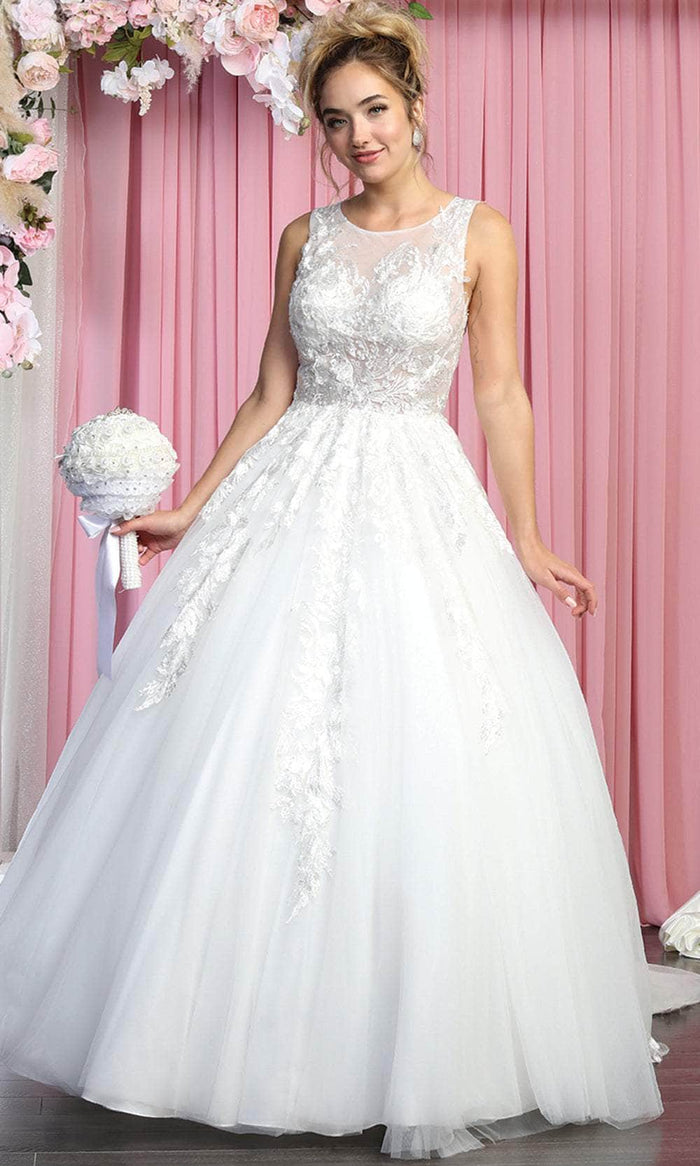 May Queen RQ7900 - Sleeveless Illusion Jewel Neckline Wedding Dress Wedding Dresses 4 / Ivory
