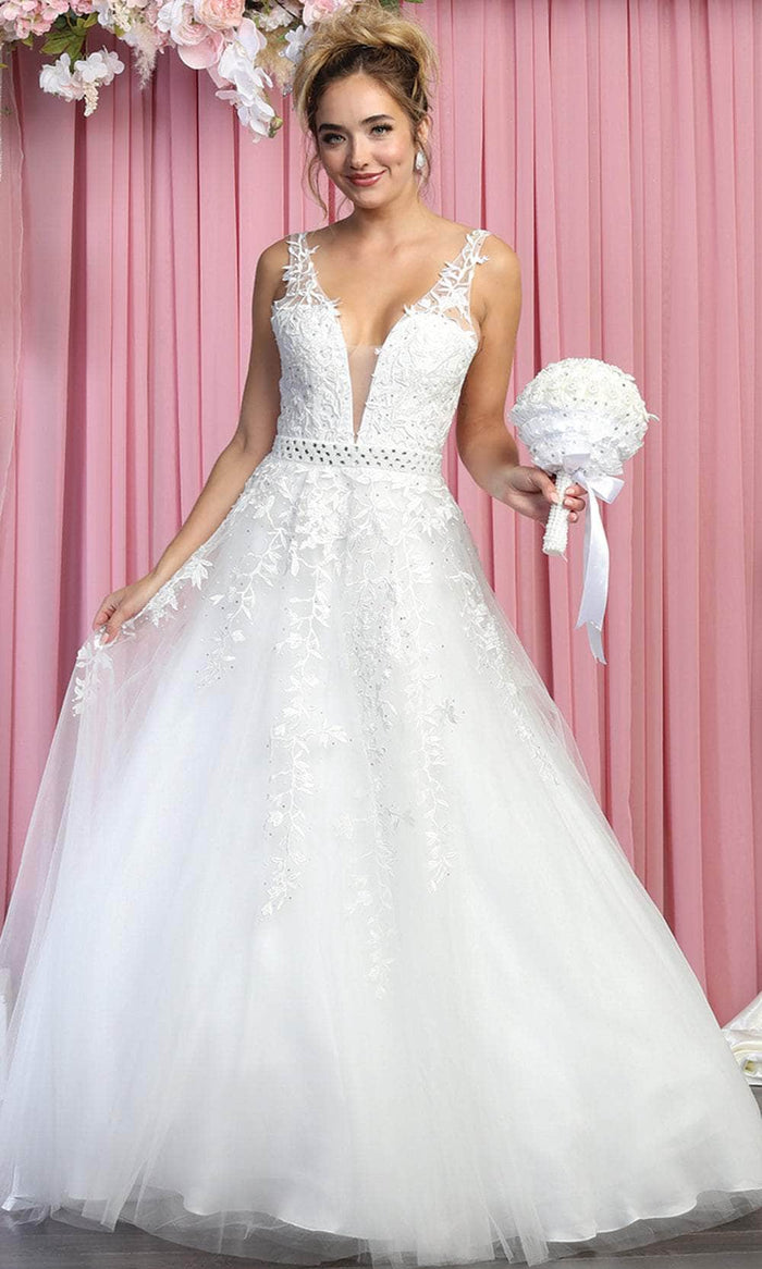 May Queen RQ7903 - Sleeveless Deep V-neck Wedding Dress Special Occasion Dress 4 / Ivory