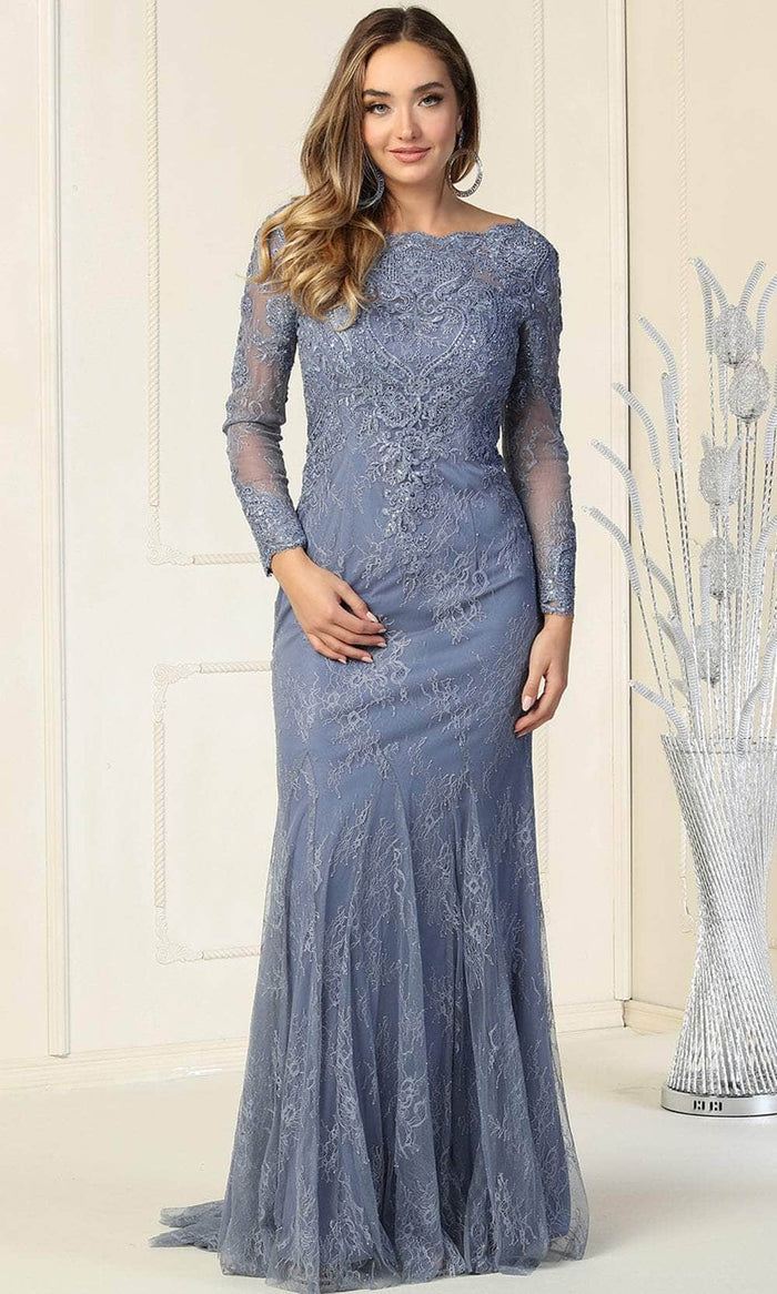 May Queen RQ7906 - Laced Scalloped Bateau Neckline Evening Dress Special Occasion Dress 6 / Dustyblue