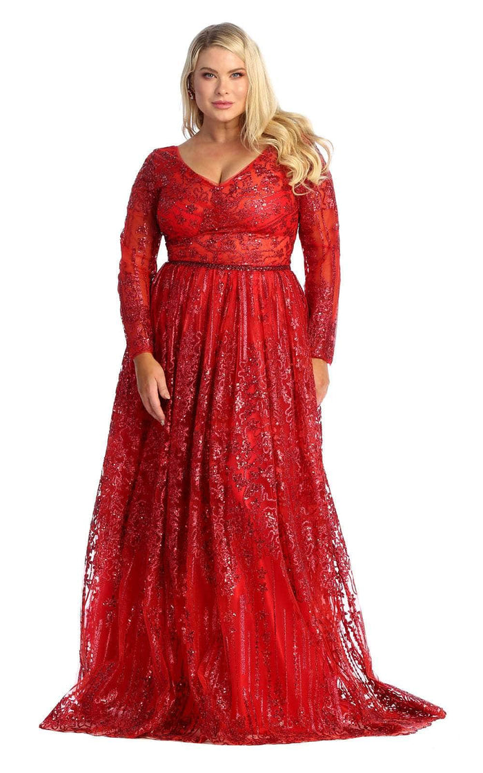 May Queen RQ7920B - Ornated Sheer Bodice Long Sleeve A Line Dress Mother of the Bride Dresses 22 / Red