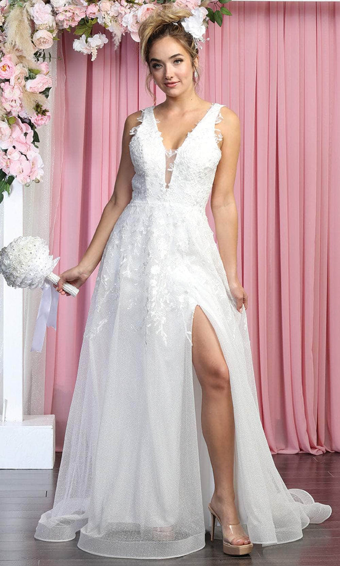 May Queen RQ7924 - Sleeveless Plunging V-Neck Wedding Dress Special Occasion Dress 4 / Ivory