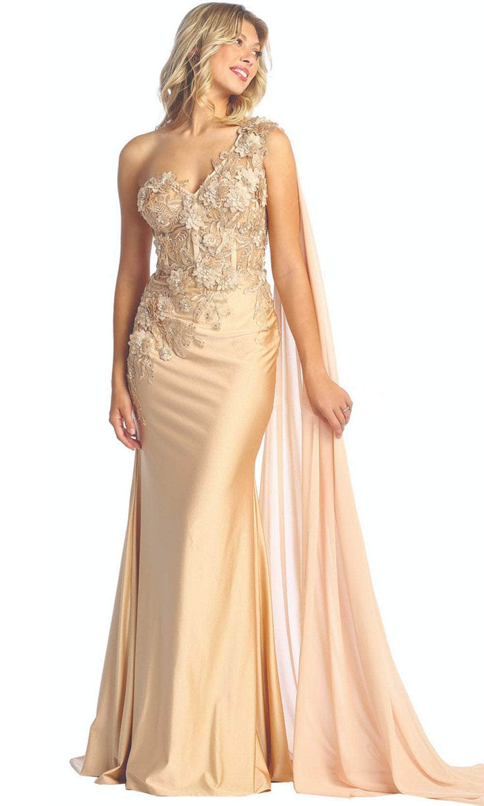 May Queen RQ7943 - Asymmetric Cape Sleeve Evening Dress Prom Dresses 2 / Champagne