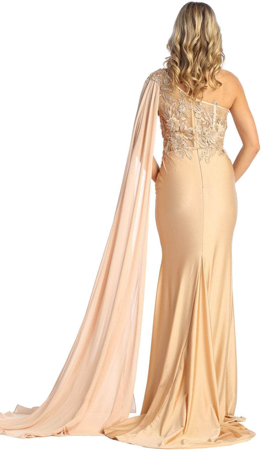 May Queen RQ7943 - Asymmetric Cape Sleeve Evening Dress