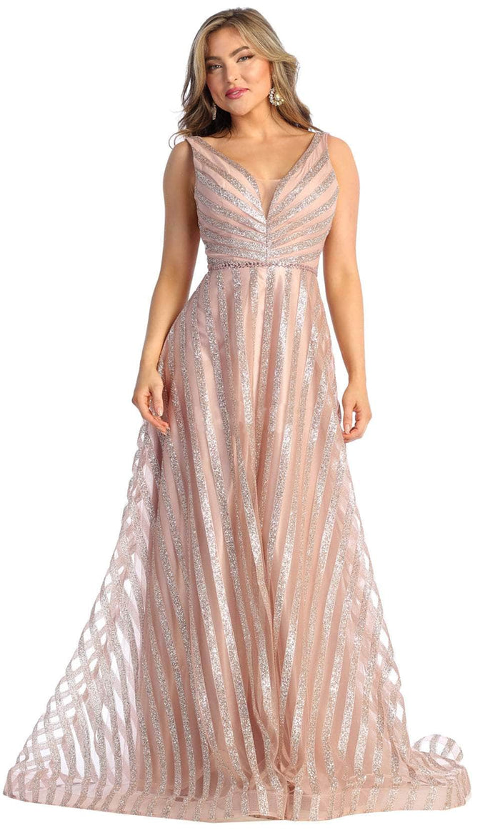 May Queen RQ7945 - Stripe Glittered A-line Gown Evening Dresses 4 / Rosegold