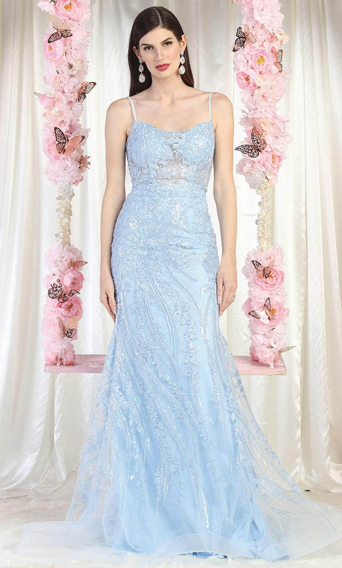 May Queen RQ7974 - Embroidered Strappy Train Gown Prom Dresses 4 / Babyblue