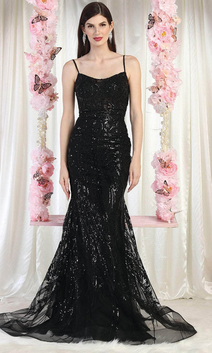 May Queen RQ7974 - Embroidered Strappy Train Gown Prom Dresses 4 / Black