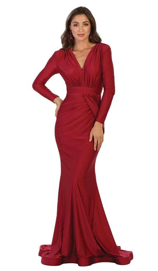 May Queen - Ruched Plunging V-Neck Long Sleeves Gown CCSALE 4 / Burgundy