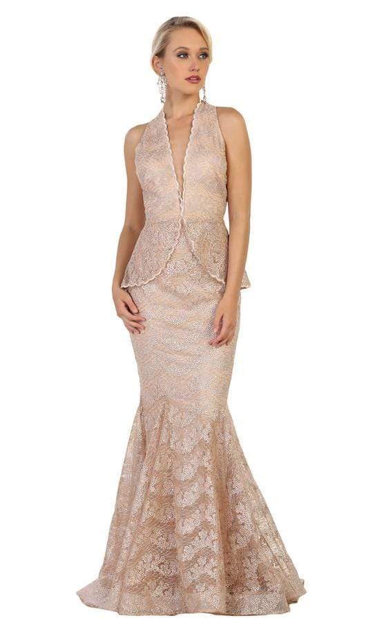 May Queen - Scalloped Plunging Halter V-Neck Mermaid Gown RQ7608 - 1 pc Champagne In Size 18 Available CCSALE 18 / Champagne