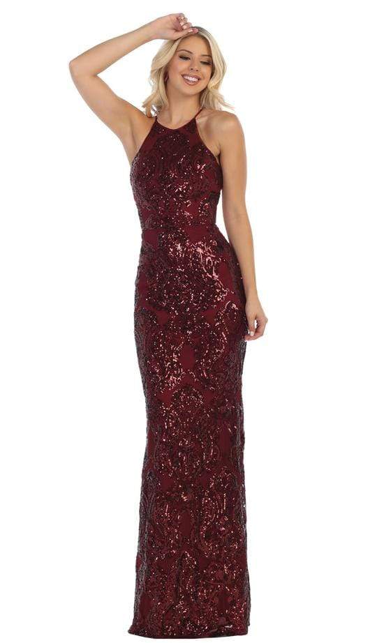May Queen - Sequined High Halter Lace-Up Evening Dress RQ7667 - 1 pc Burgundy In Size 4 Available CCSALE 4 / Burgundy