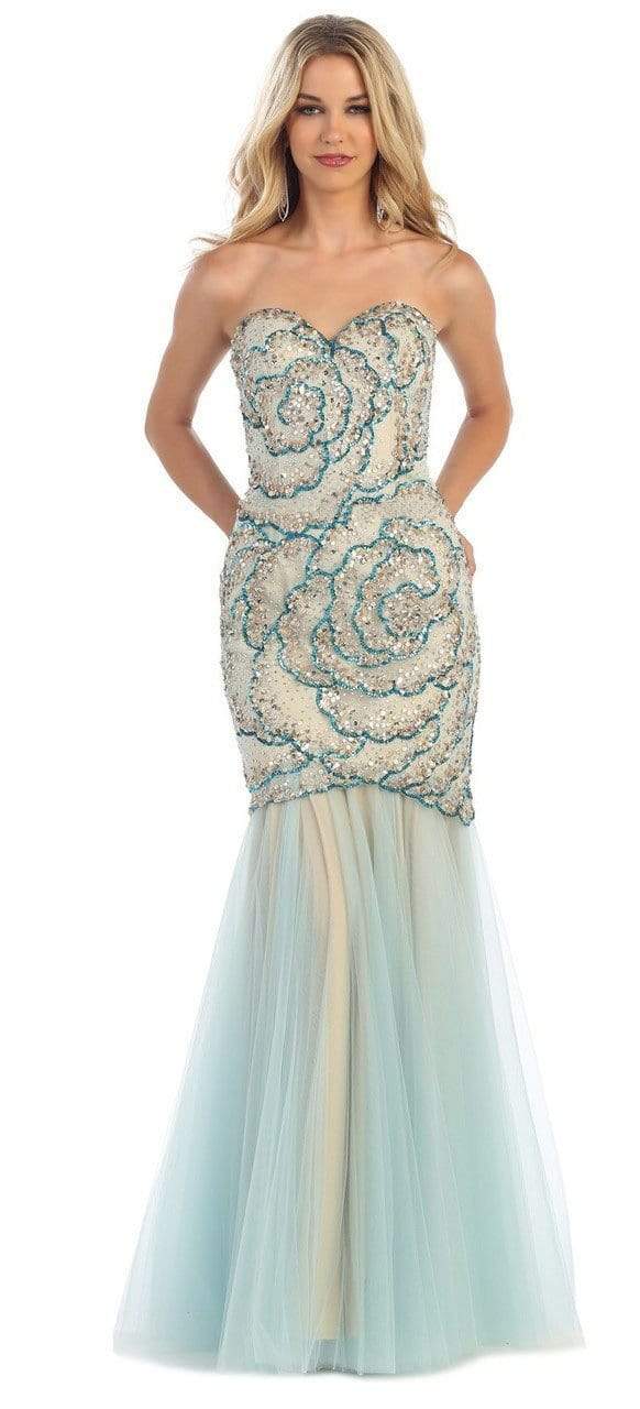May Queen - Sequined Rosette Motif Evening Gown RQ7289 - 2 pcs Aqua/Nude in Size 8 and 14 Available CCSALE 8 / Aqua/Nude