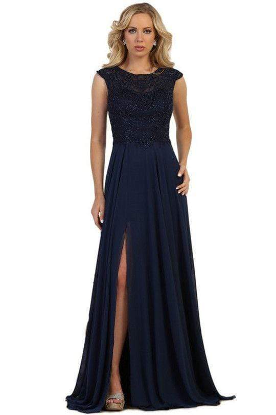 May Queen - Sheer Cap Sleeves A-Line Dress With Slit MQ1563 - 1 pc Champagne In Size 10 Available CCSALE 10 / Champagne