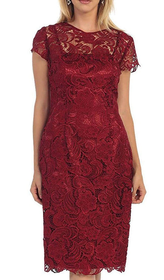 May Queen - Short Sleeve Sheer Scalloped Lace Formal Dress