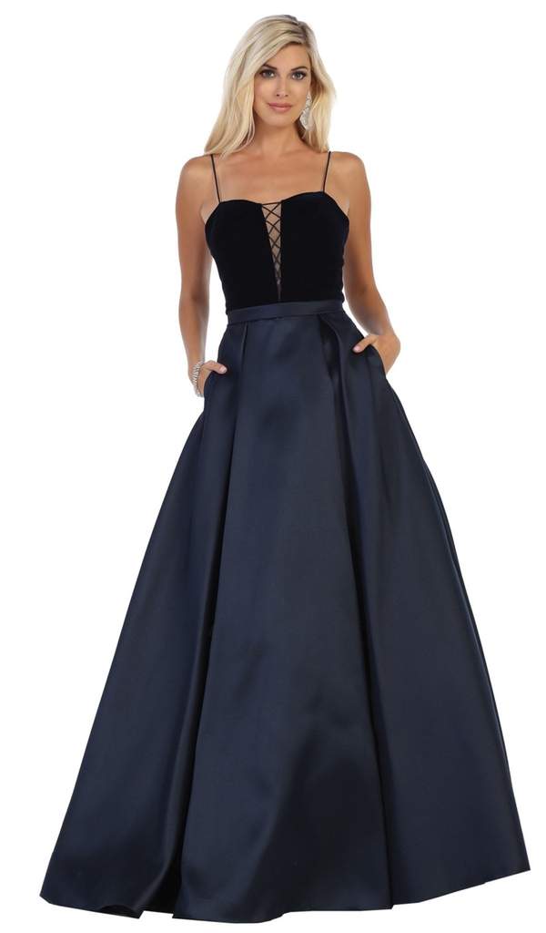 May Queen - Sleeveless Lace Up Front Pleated Ballgown RQ7742 - 1 pc Navy In Size 14 Available CCSALE 14 / Navy