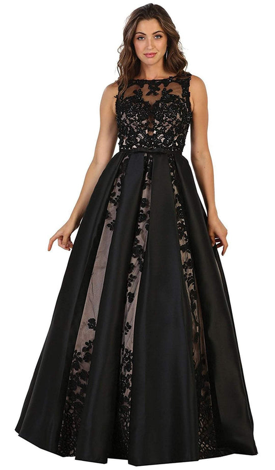 May Queen Sleeveless Mesh Satin Gown with Embroidery RQ7516 - 1 pc Black In Size 14 Available CCSALE 14 / Black