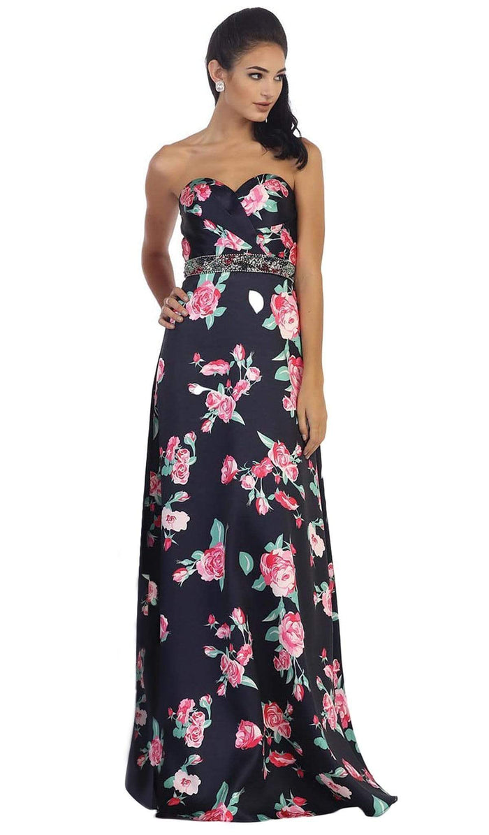 May Queen - Strapless Floral Print Evening Gown MQ1403 - 1 pc Navy/Pink In Size 6 Available CCSALE 6 / Navy/Pink